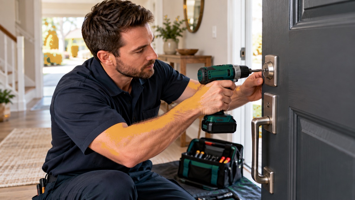 Locksmith drilling a new lock into a dark front door in a bright entryway