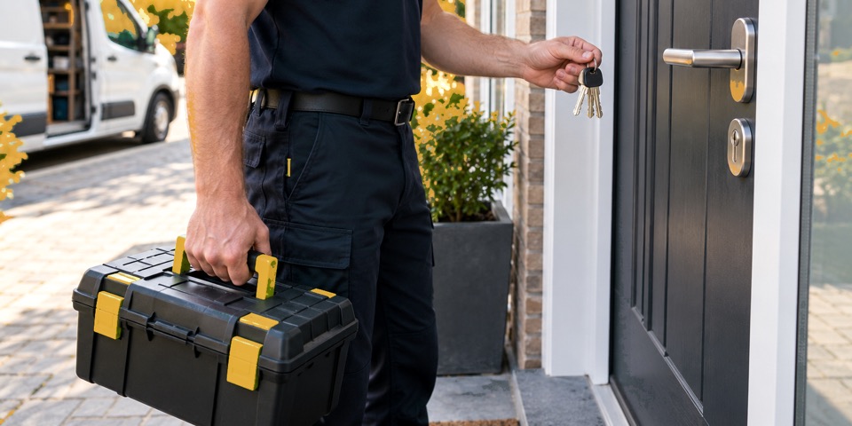 Locksmith holding a toolbox and a set of keys beside a front door