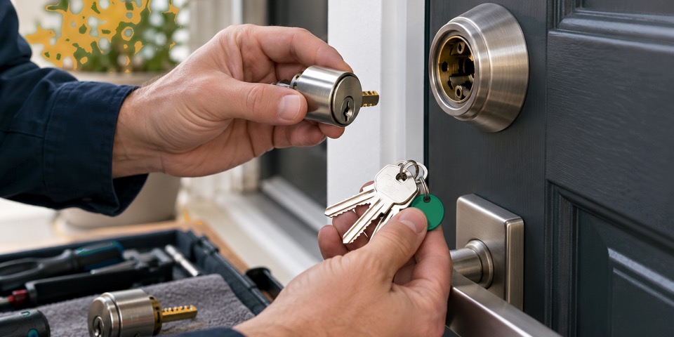 Hands holding a lock cylinder and a set of keys beside an open toolkit