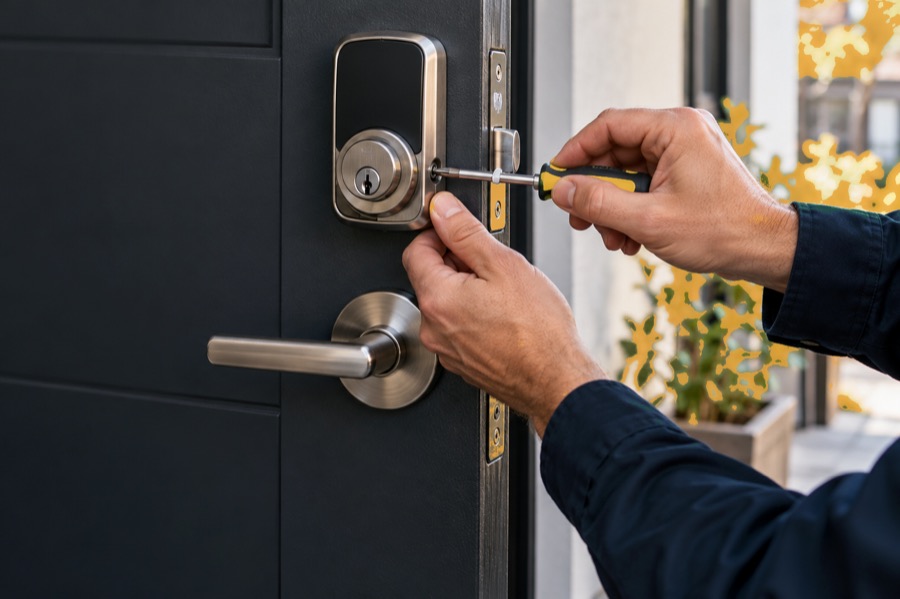 Hands fitting a new smart deadbolt to a dark front door with a small screwdriver