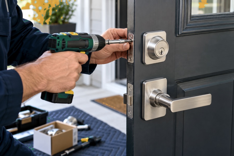 Hands fitting a deadbolt to a front door with a cordless drill