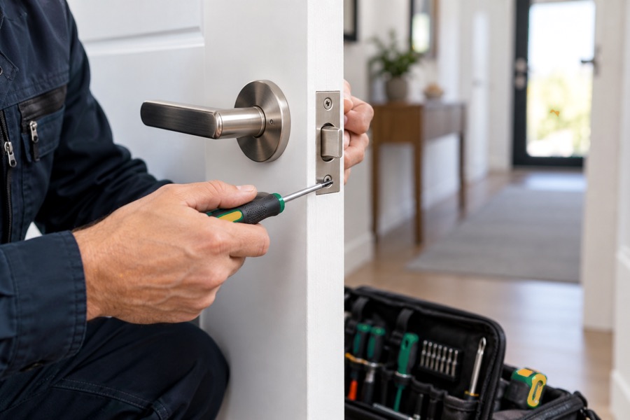 Hands tightening a latch plate beside a door lever handle